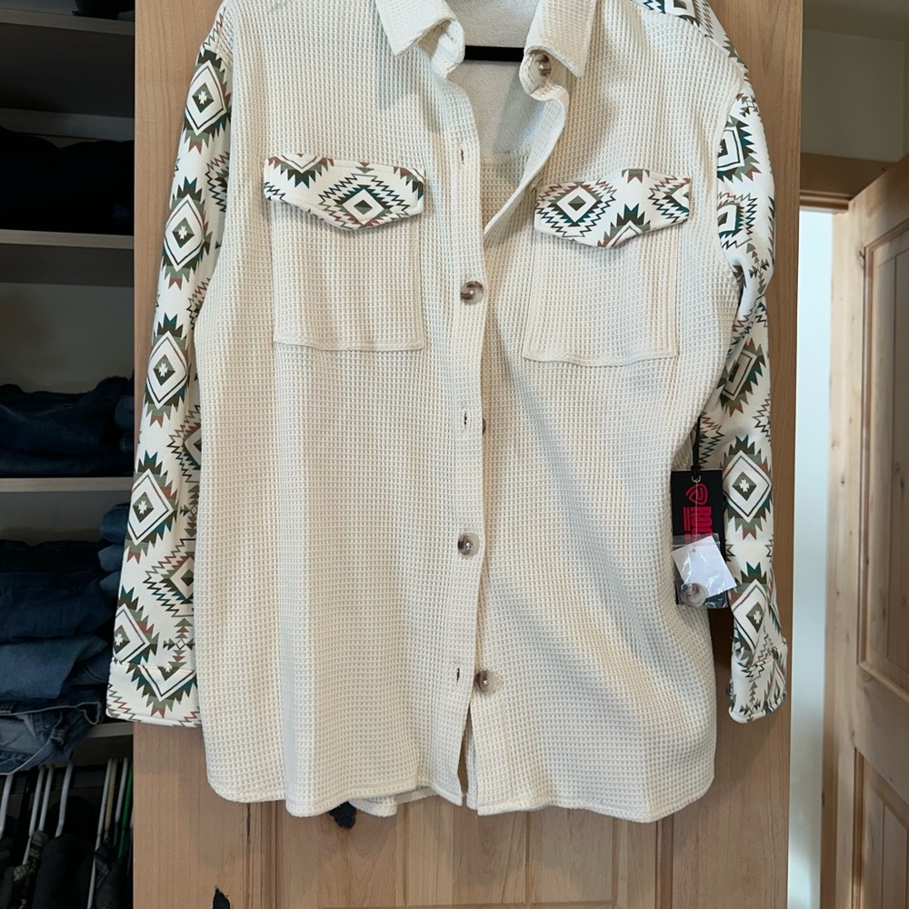 Women's Cream and Green Patterned Jacket